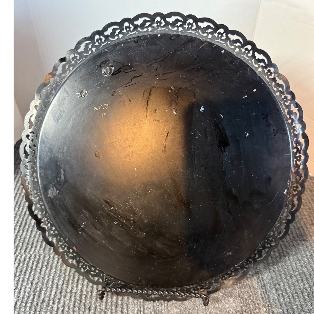 Vintage 1959 Toleware Hand Painted Yellow Rose Black Metal Pierced Gallery Tray - Picture 3 of 5